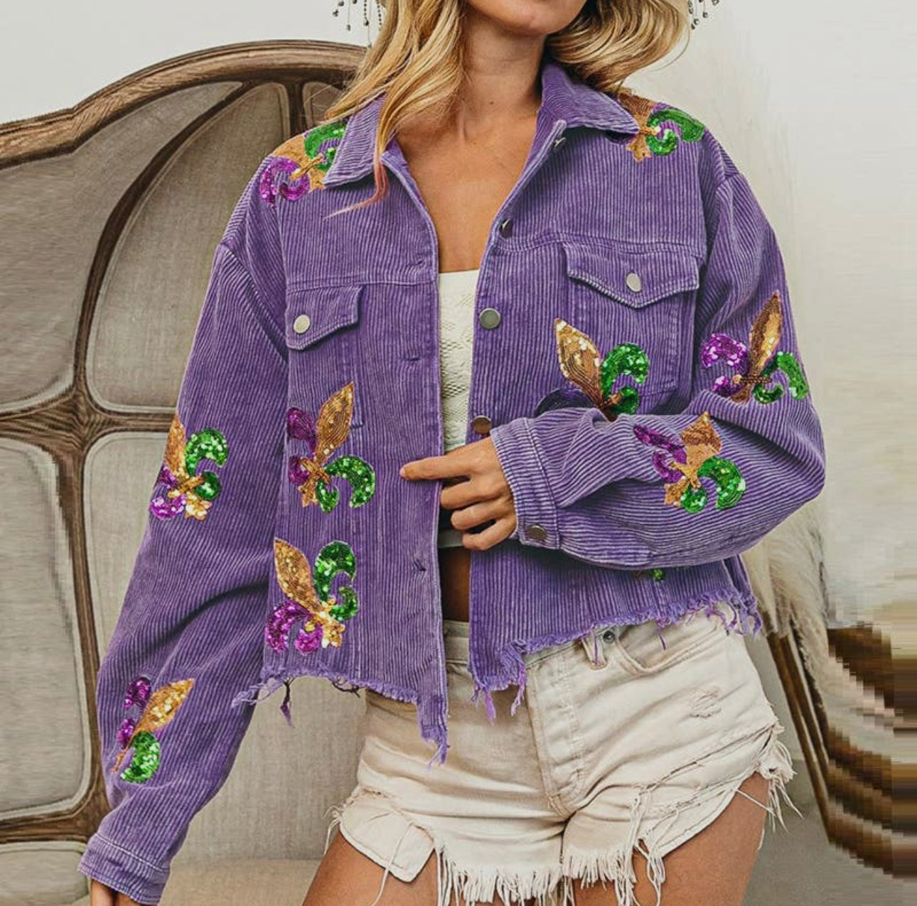 Sequined Boyfriend Oversized Corduroy Jacket