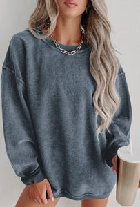 Solid Ribbed Knit Round Neck Pullover Sweatshirt