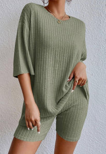 Plain Ribbed Loose Fit Two Piece Lounge Set