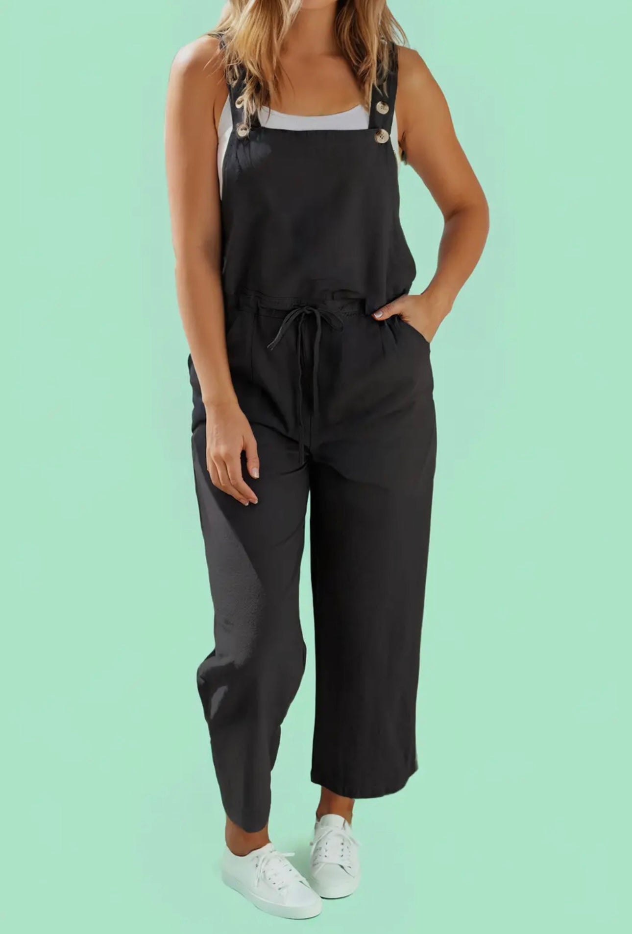 Drawstring Buttoned Straps Cropped Jumpsuit