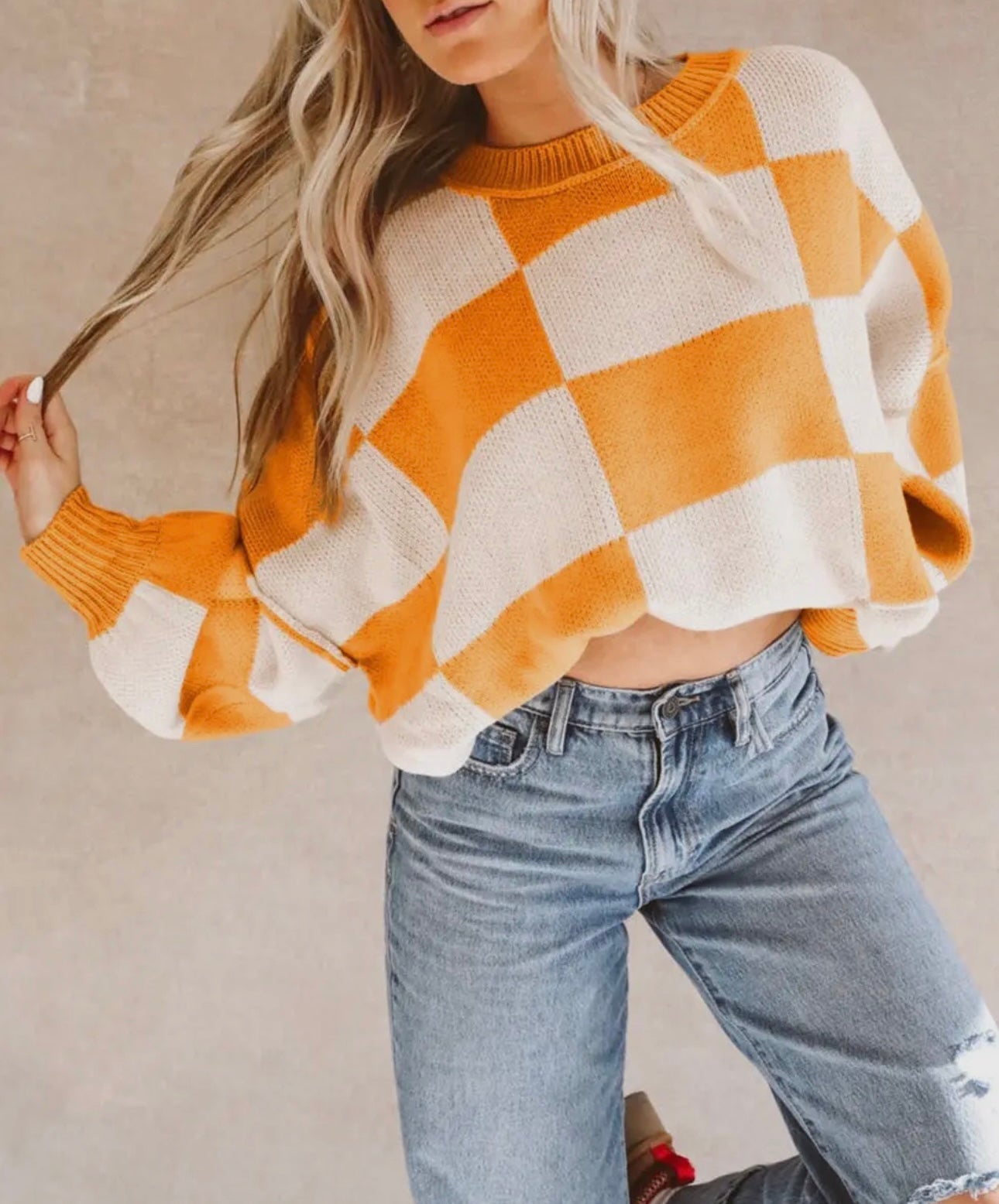 Checker Exposed Seam Crewneck Sweater