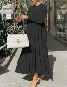 Winter Basic Relaxed Long Sleeve Ruffle Maxi Flare Dress