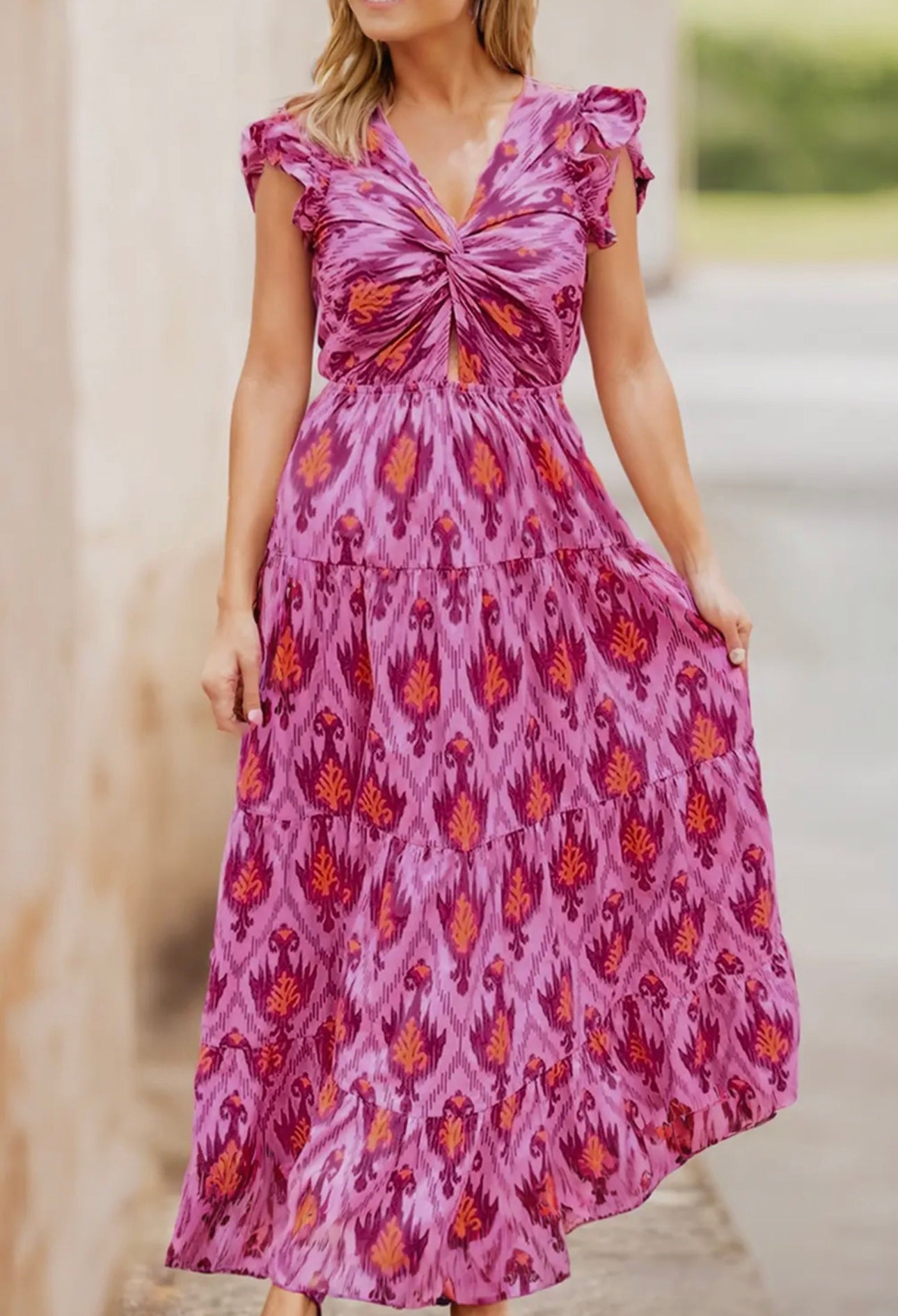 Ldc Boho Abstract Print Ruffle Tiered Maxi Dress