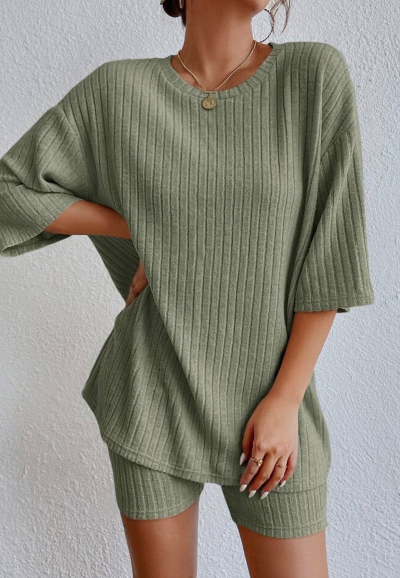 Plain Ribbed Loose Fit Two Piece Lounge Set