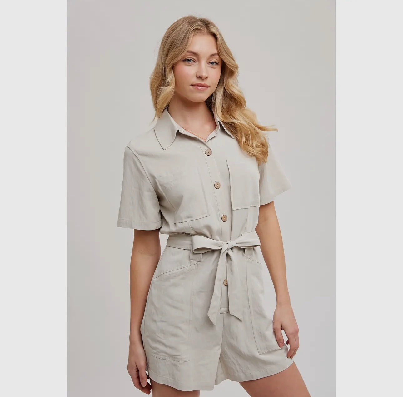 Button Down Belted Utility Romper