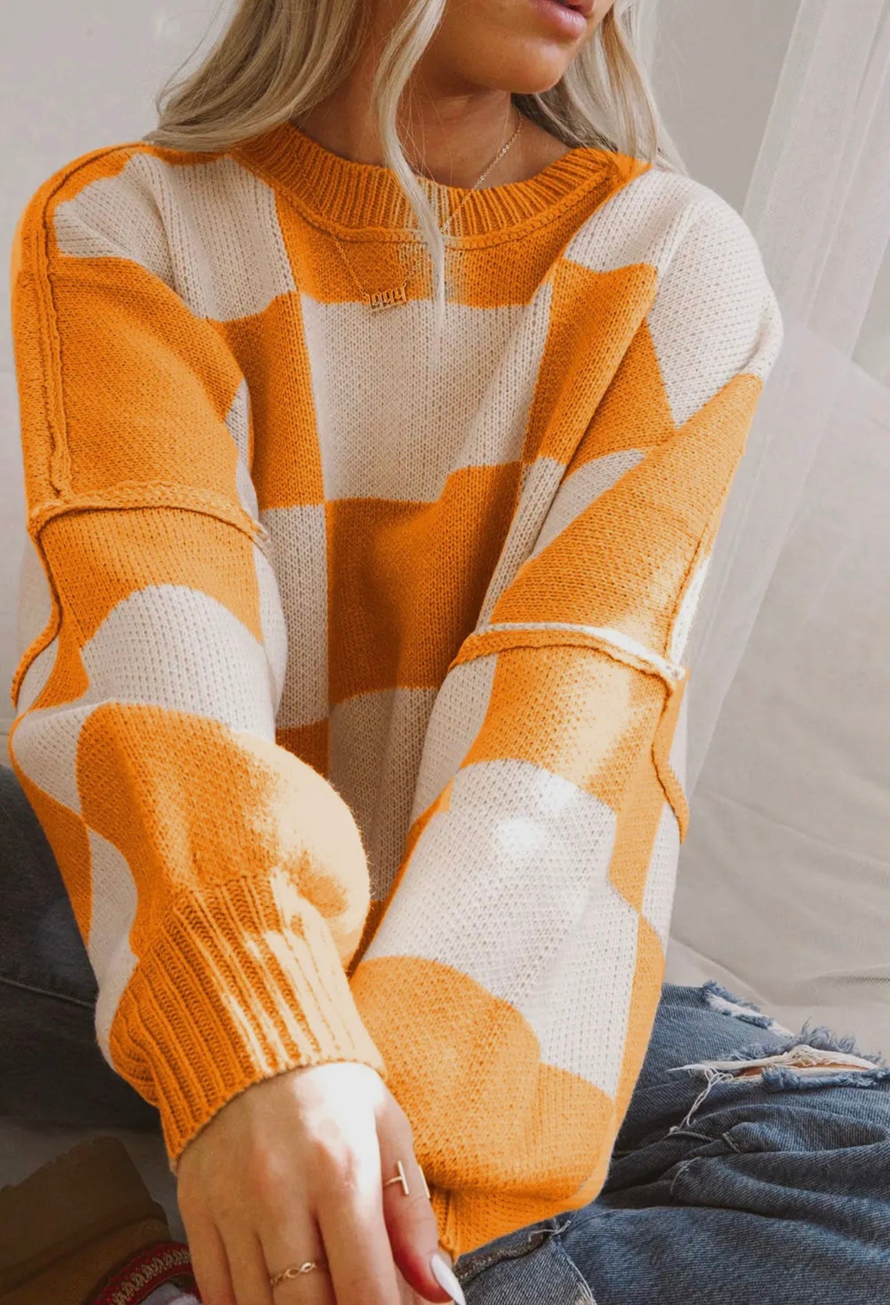 Checker Exposed Seam Crewneck Sweater