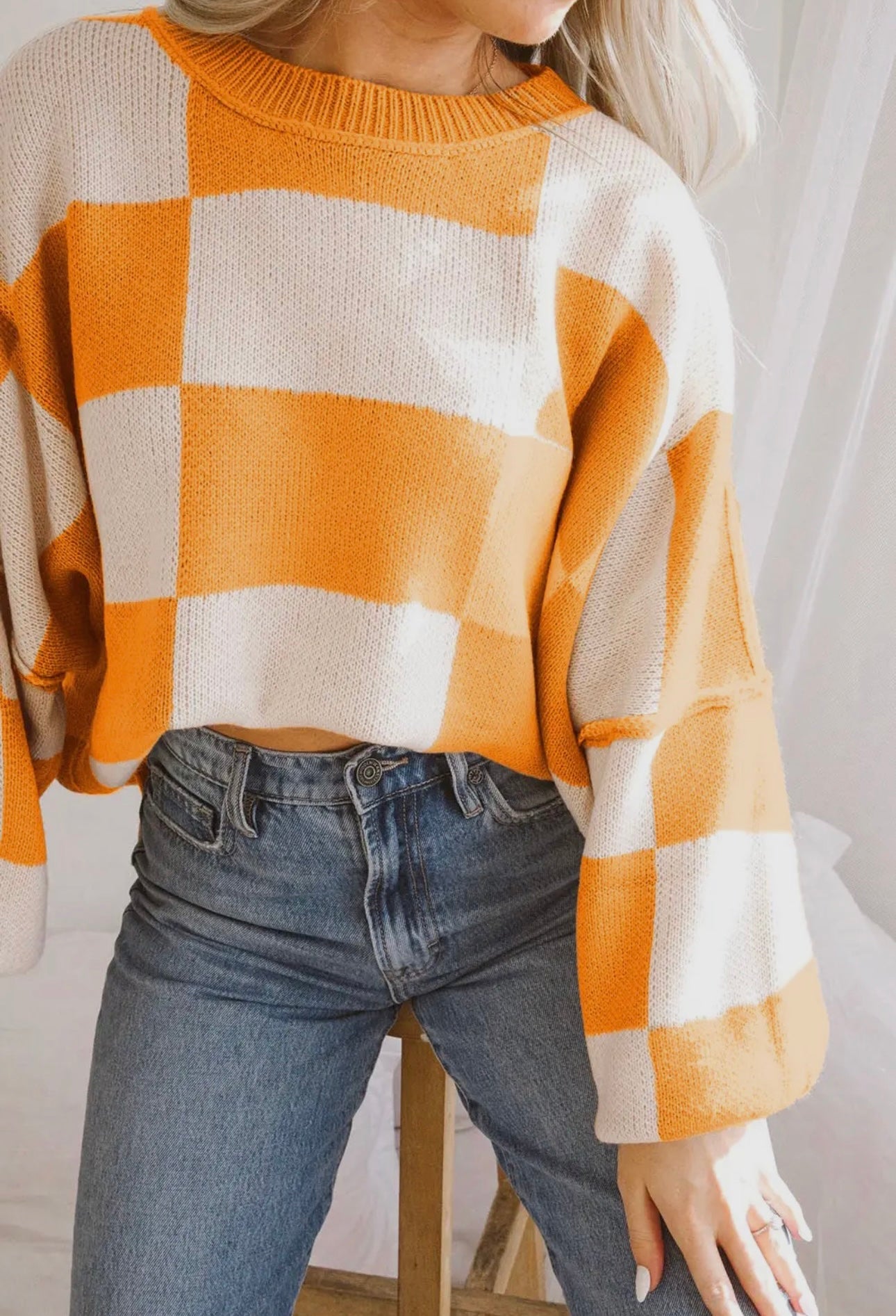 Checker Exposed Seam Crewneck Sweater